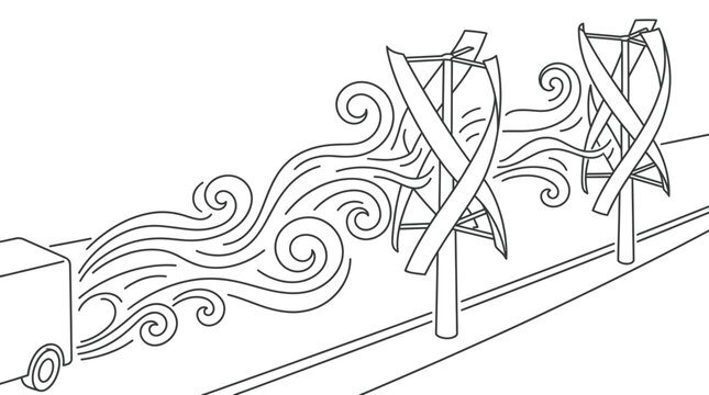 Vertical axis wind turbines capture turbulent highway airflow created by passing vehicles in this clean black and white vector illustration