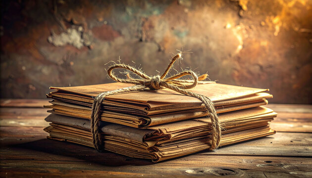 A stack of vintage letters tied with rustic twine sits on wood, no people. This nostalgic still life evokes timeless memories and mystery, perfect for historical or emotional storytelling themes.