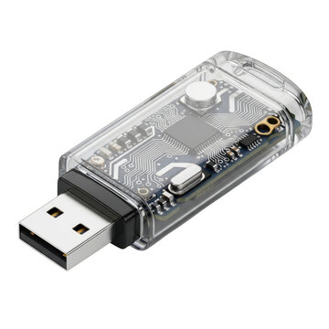 USB flash drive with transparent case showing circuit board isolated on transparent background