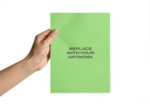 Vertical paper mockup held in hand against a clean white background, blank placeholder text for artwork, print presentation template branding, advertising, editorial, stationery, wall art
