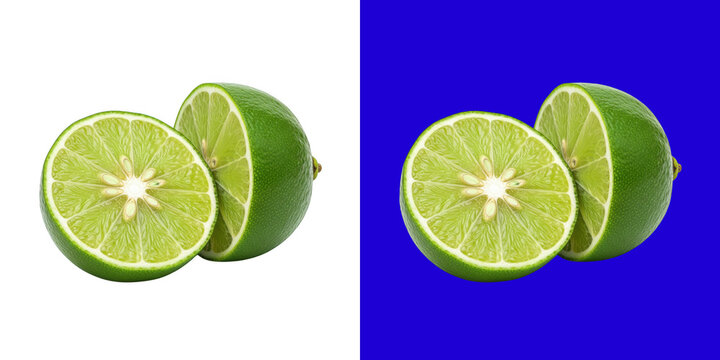 Fresh green lime fruit cut in half showing juicy citrus texture pieces