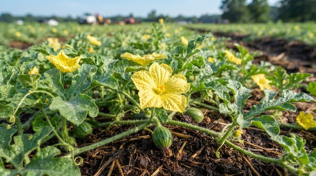Blooming yellow flowers and young green watermelons growing on vines in agricultural farm field