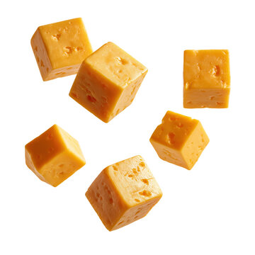 Flying cheese cubes hover against a white background in a clear view showcasing their shape and color in a fun and playful display