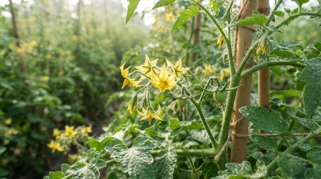Yellow Tomato Flowers Blooming on Green Plants in Morning Organic Farm Greenhouse
