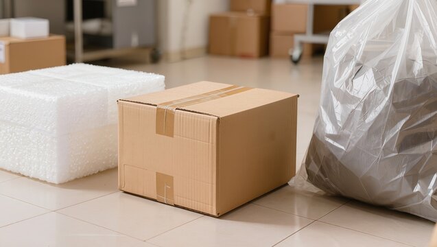 Cardboard shipping boxes, bubble wrap packaging, and a large plastic bag on a warehouse floor, highlighting packaging materials, shipping preparation, and warehouse logistics
