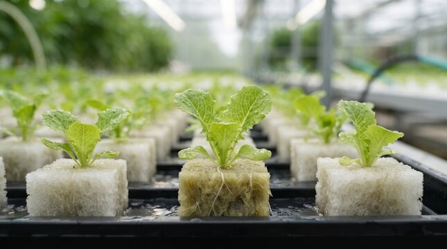 Hydroponic green salad leaves growing in rockwool cubes inside a modern greenhouse agriculture facility