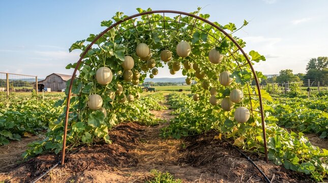 A picturesque garden archway is laden with numerous ripening cantaloupes, creating a bountiful scene in a vibrant summer farm field under a bright blue sky