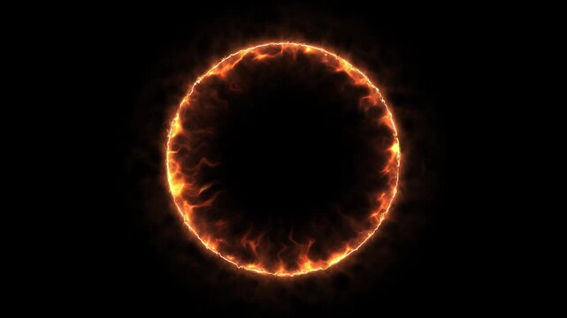 An intense circular wall of flame smoky plasma surrounds a clean black opening. supernatural gateways, battle intros, horror trailers, gaming visuals, fiery transitions, title reveals impact graphics.