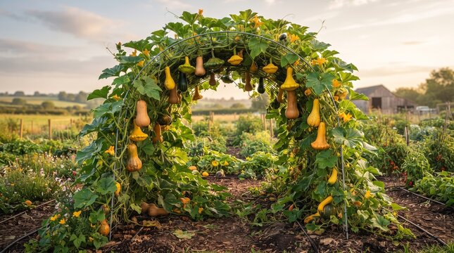Yellow squash archway growing in a rural vegetable garden at sunset with farm buildings in the background