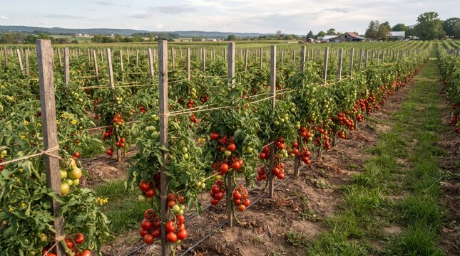 Rows of Ripe Red Tomato Plants Growing on Wooden Trellises in an Organic Agricultural Farm Field Under Daylight