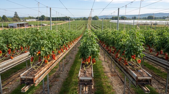 Modern agricultural greenhouse farming with rows of ripe tomatoes growing in troughs on an organic farm