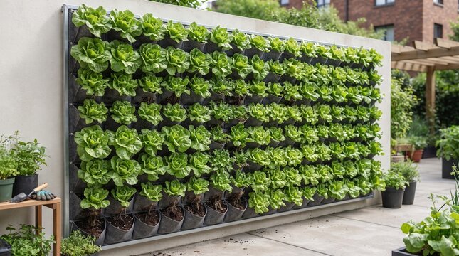 Modern Vertical Garden Wall with Fresh Green Lettuce Plants on a Sustainable Outdoor Urban Patio Terrace