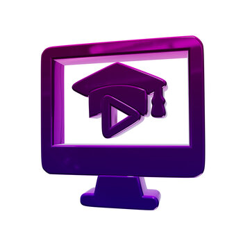 3D metallic purple computer monitor icon with graduation cap and play button, isolated on transparent background