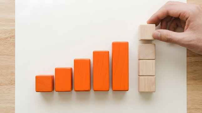 Business growth bar chart with wooden blocks | Hand building success strategy with toy blocks | Financial progress and data visualization concept | Increasing profits and career development graph