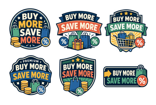 Collection of buy more save more promotion badges with shopping bags, coins, gift boxes, and discount percentages, creating marketing stickers for retail offers