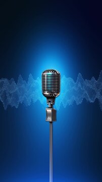Retro broadcast microphone framed by a luminous digital sound wave on deep blue. Ideal for announcer videos, news intros, talk shows, audio programs, narration, recording services, and media campaign.