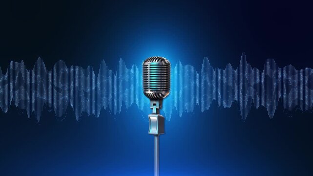 Vintage microphone centered against a bright blue audio wave and dramatic studio glow. Perfect for radio shows, podcast branding, classic music, jazz promos, broadcasting, interviews, and voice media.