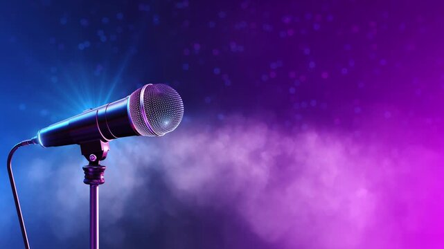 Wired microphone ready on a colorful empty stage with purple fog and bright bokeh. Ideal for open mic nights, comedy events, speeches, auditions, presentations, talent shows, and venue advertisements.