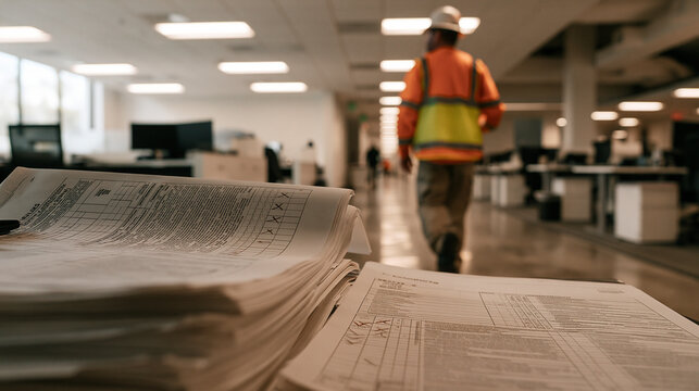 Generic training materials and a skills checklist fill the immediate foreground, the marked boxes visible while fine text stays softly out of focus. Beyond them, a lone safety
