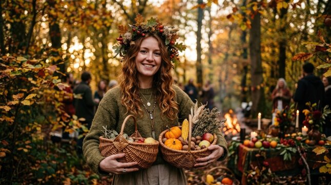 Autumnal equinox celebration, smiling pagan woman wearing berry crown, holding harvest wicker basket filled with pumpkin and corn during mabon festival in forest.