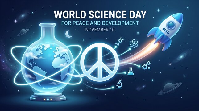 World science day for peace and development banner on a dark blue background with a rocket, earth, and laboratory glassware.