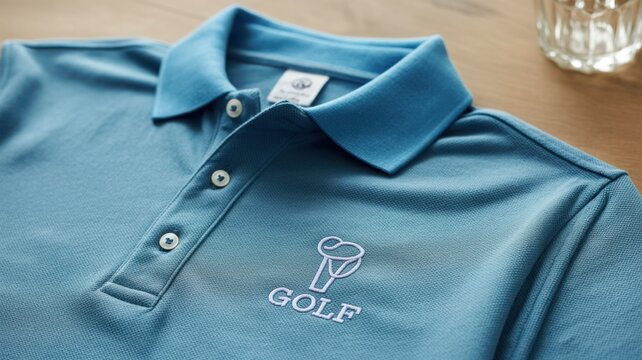 Close-up of blue polo shirt with embroidered golf emblem.