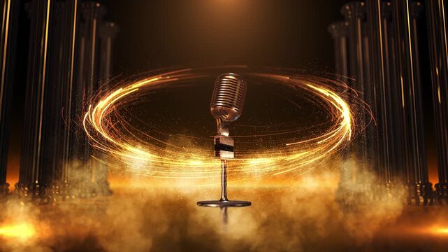 Classic silver microphone framed by cinematic gold trails and theater columns. Ideal for keynote openings, celebrity announcements, red carpet programs, premium branding, teasers, and media campaigns.