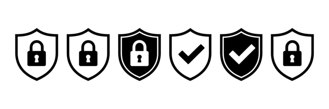 Security, shield icons set, shield logos with check marks and lock symbols, cyber defense signs, data protection icons, privacy indicators, and secure access elements.
