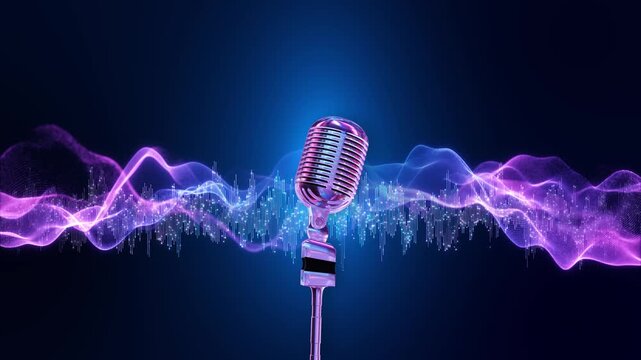 Vintage microphone with luminous data waves visualizing speech and sound. Best for artificial intelligence, voice recognition, assistants, audio analytics, transcription, and communication 19.