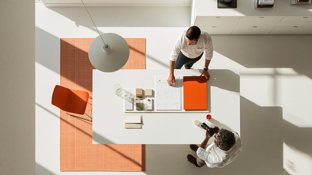 Neatly aligned physical materials and an anonymous customer order form the sharp central detail on a retail work surface. From a top-down architectural wide view, a marketing