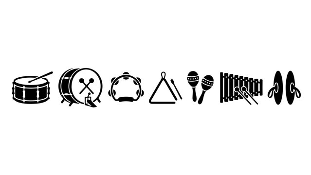 Black-and-white icons of musical instruments and percussion tools displayed in a linear sequence.