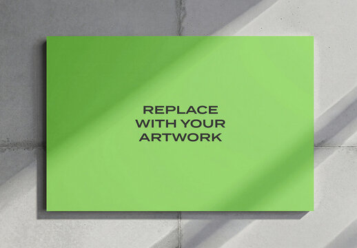 Vertical poster mockup displayed on a concrete wall with gradient background, realistic art presentation featuring natural light and shadows, interior design display, graphic template