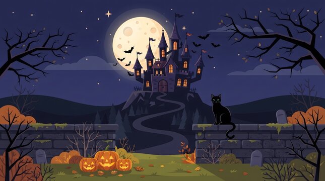 Spooky halloween night scene with haunted castle full moon and black cat