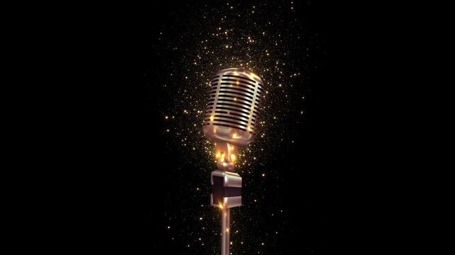 Isolated vintage microphone with radiant golden particles and dark copy space. Perfect for radio history, classic broadcasting, voiceover, storytelling, announcements, interviews and premium branding.
