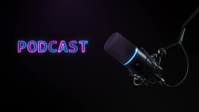 Professional condenser microphone in a dark neon studio with prominent podcast lettering. Perfect for business talks, expert interviews, education, news commentary, webinars, and branded audio series.
