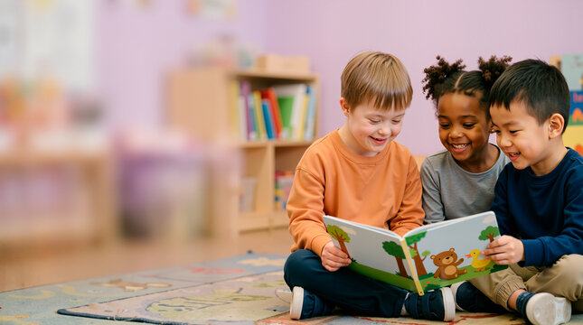 Boy with Down syndrome reading a book with diverse classmates. Multiethnic children sitting on a rug in a preschool classroom. Inclusive education concept. Copy space for text