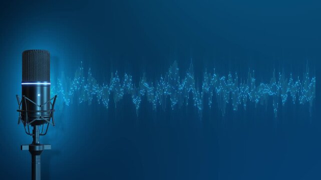 Professional condenser microphone beside a glowing blue audio waveform on clean studio background. Ideal for podcast intros, voice recording, broadcasting, streaming, radio and digital media projects.