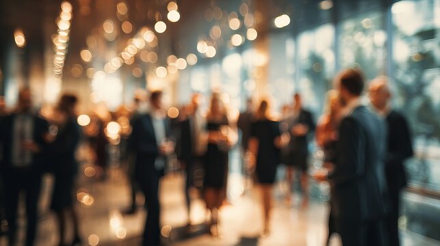 Professional business people networking in a blurred office gala setting featuring warm glowing bokeh lights and elegant evening attire outfits