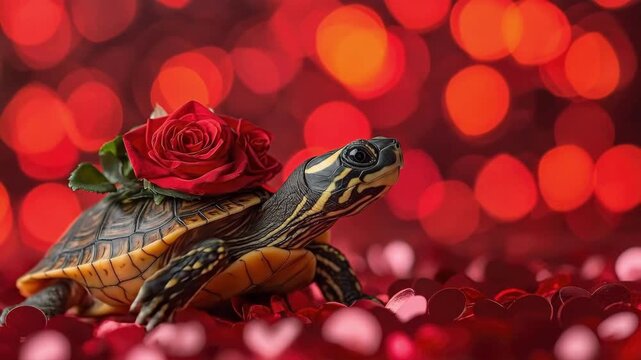Turtle with red roses on shell against bokeh background. The 14th of February. Happy Valentine's Day