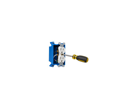 Installing Duplex Electrical Outlet in Blue Wall Box with Screwdriver