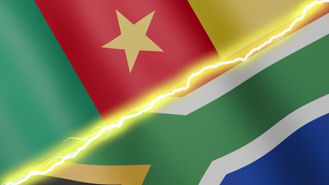 Two waving flags Cameroon and South Africa with diagonal lightning seamless, 4k loop