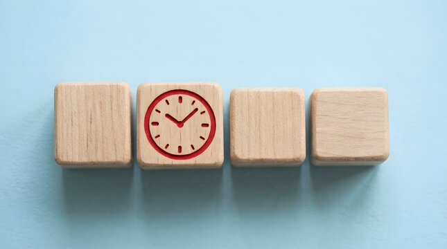 Time management and efficiency concept | Wooden blocks with clock icon for scheduling | Minimalist business productivity background | Deadline and project timeline symbol