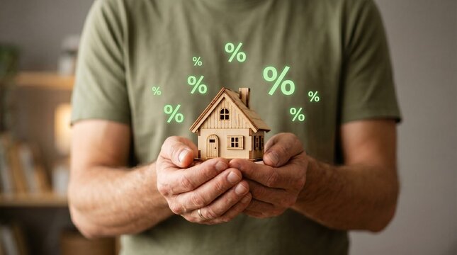 Man holding a small wooden house model with glowing green percentage symbols representing mortgage rates
