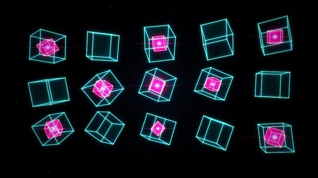 Abstract geometric cubes rotating with pink inner shapes on dark background motion graphic.