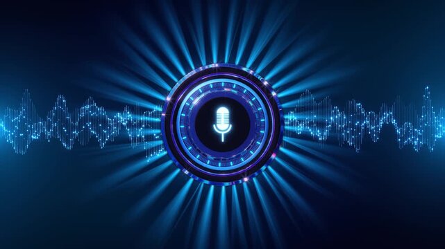 A luminous circular voice control and blue waveform form a futuristic listening interface. Ideal for speech recognition, AI assistants, virtual control, audio software and smart digital systems today.