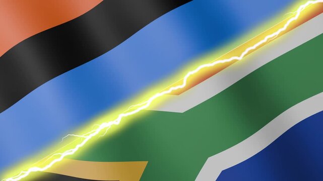 Two waving flags Chagos Islands and South Africa with diagonal lightning seamless, 4k loop