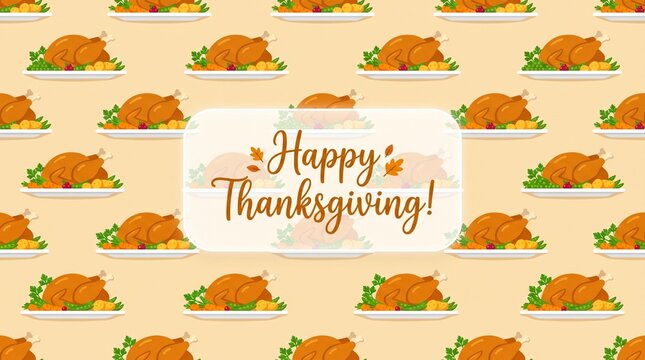 Happy Thanksgiving pattern of roasted turkeys and fall leaves on a light orange background, celebrating harvest and gratitude.