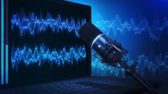 Close studio microphone and computer display with clear blue sound waves. Perfect for audio engineering, speech analysis, transcription, mastering, online courses, remote work, and media software ads.