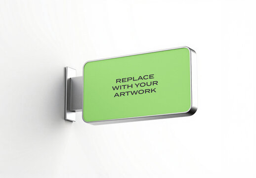 Rectangular sign mockup mounted on a white wall with metallic bracket, interior display for branding presentation, graphic design template, commercial advertising