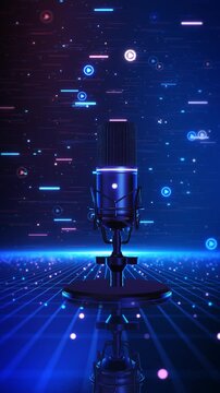 Studio microphone on a futuristic grid with bright play symbols and wide copy space. Ideal for streaming platforms, podcast promotions, video channels, digital media, online shows, and audio branding.